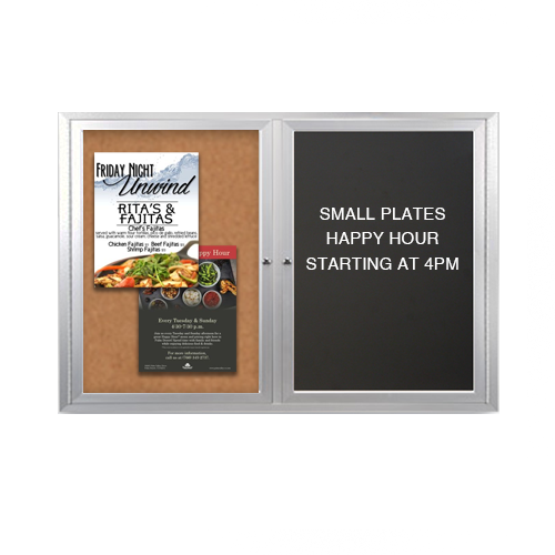Enclosed 2-Door INDOOR Combo Board 42x32 | Cork Bulletin Board & FELT Letter Board